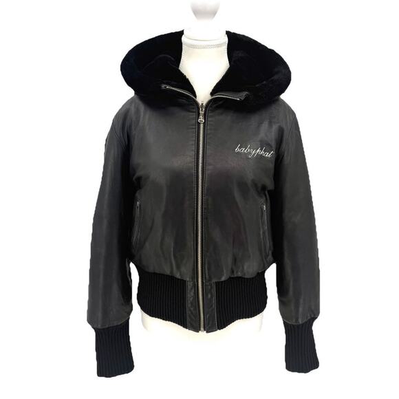 VTG Baby Phat Jacket Womens Large Black Leather Hood Fleece Lined Coat Y2K READ - Picture 1 of 16